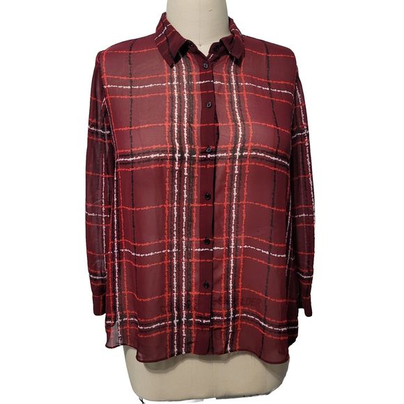 Cato Est 1946 Blouse Womens Plus 22/24W Button Up LS Plaid Maroon/White … - Picture 1 of 14